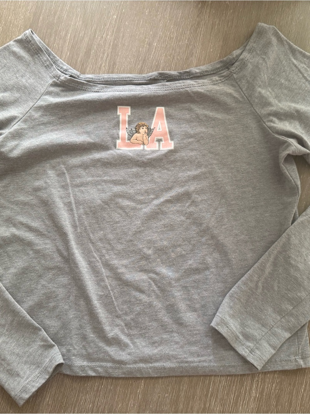 Off-the-Shoulder Grey Long Sleeve Top with Pink LA Graphic